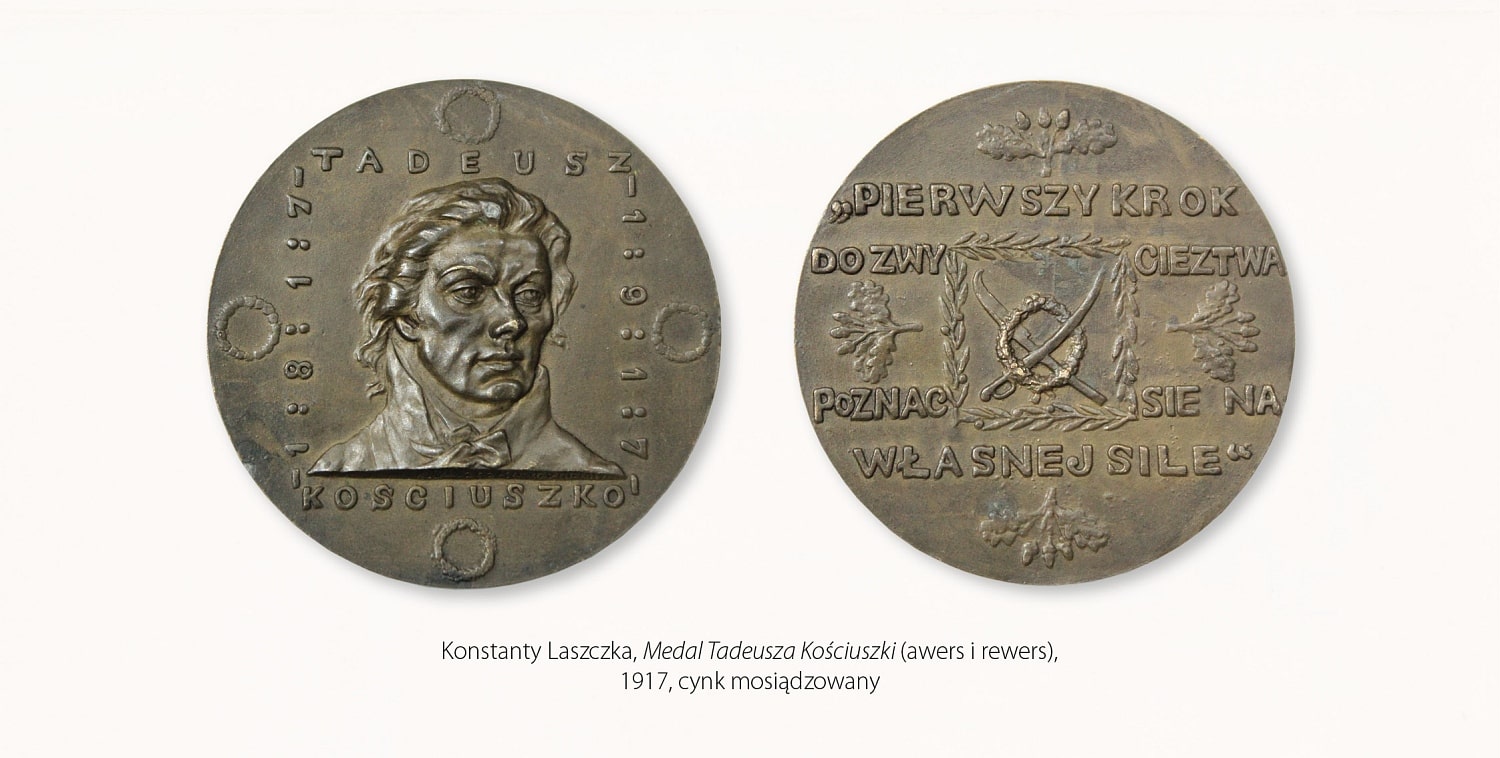 Medal; na awersie portret Tadeusza Kościuszki – postać w popiersiu ujęta en face, dookoła napis identyfikacyjny wykonany dużymi literami; na rewersie emblematy powstańcze – szabla i kosa oraz tekst o treści: Pierwszy krok do zwycieztwa poznac sie na własnej sile